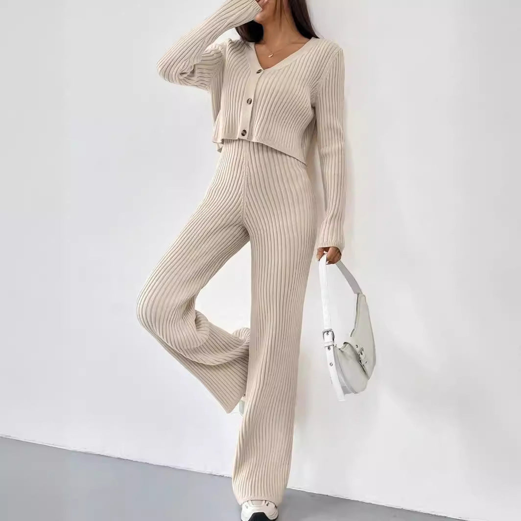 Solid Color Knitted Two-piece Women's V-neck Short Knitted Cardigan Bootcut Trousers Versatile Casual Women's Clothing - kinko