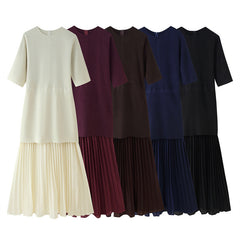 Fashionable Elegant Brown Patchwork Pleated Dress - kinko