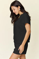 Double Take Full Size Texture Short Sleeve T-Shirt and Drawstring Shorts Set - kinko