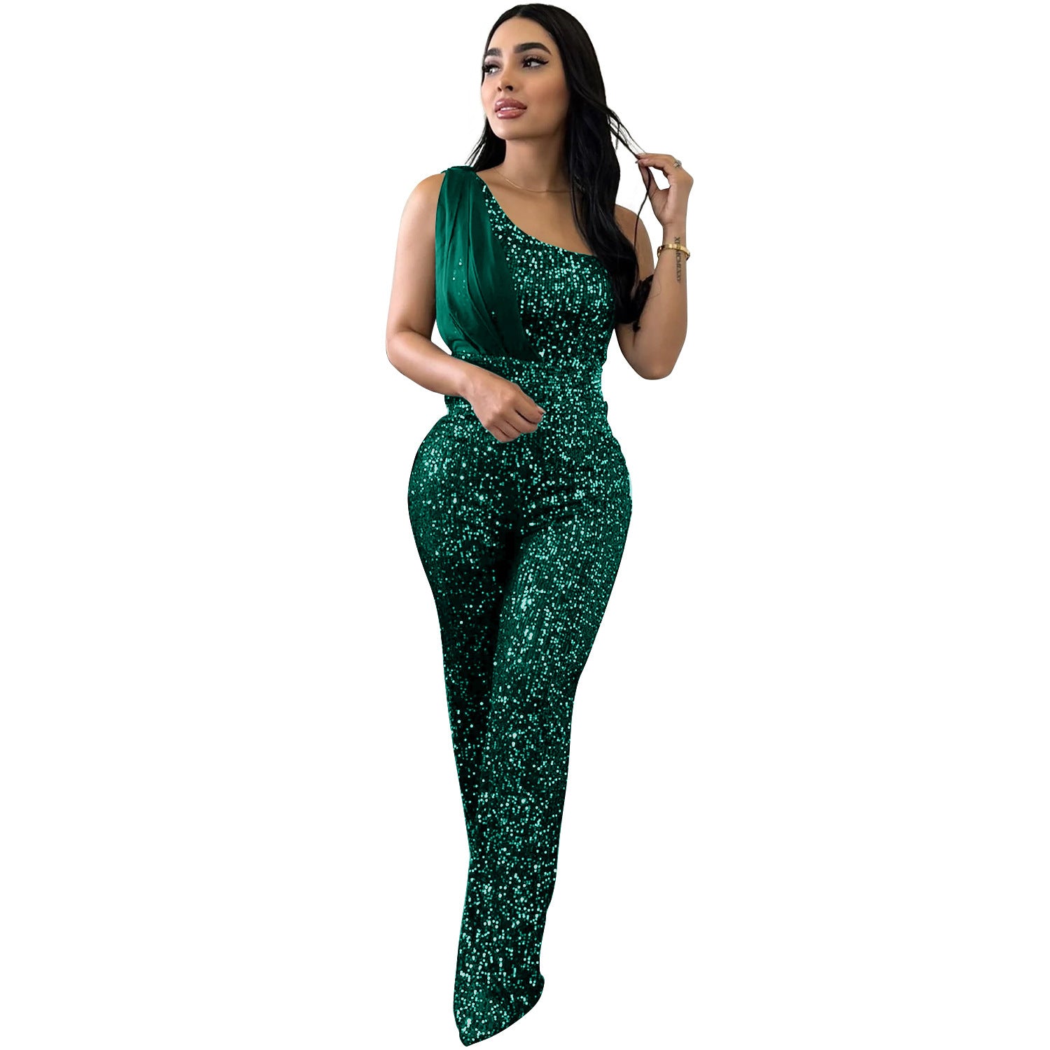Women's Solid Color Sleeveless One-shoulder Sequined Trousers Jumpsuit - kinko