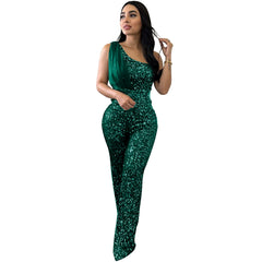 Women's Solid Color Sleeveless One-shoulder Sequined Trousers Jumpsuit - kinko
