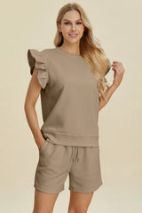 Double Take Full Size Texture Round Neck Ruffle Sleeve Top and Shorts Set - kinko