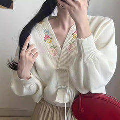 Fall Winter Coat Short Slimming V-neck Vintage Sweater Cardigan For Women