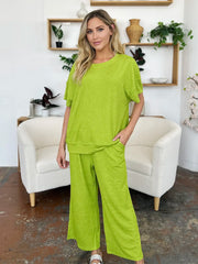 Double Take Full Size Texture Round Neck Short Sleeve T-Shirt and Wide Leg Pants - kinko