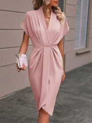 Summer Batwing Sleeve Dress Fashion V-neck Short Sleeve Pleated Dresses Womens Clothing - kinko