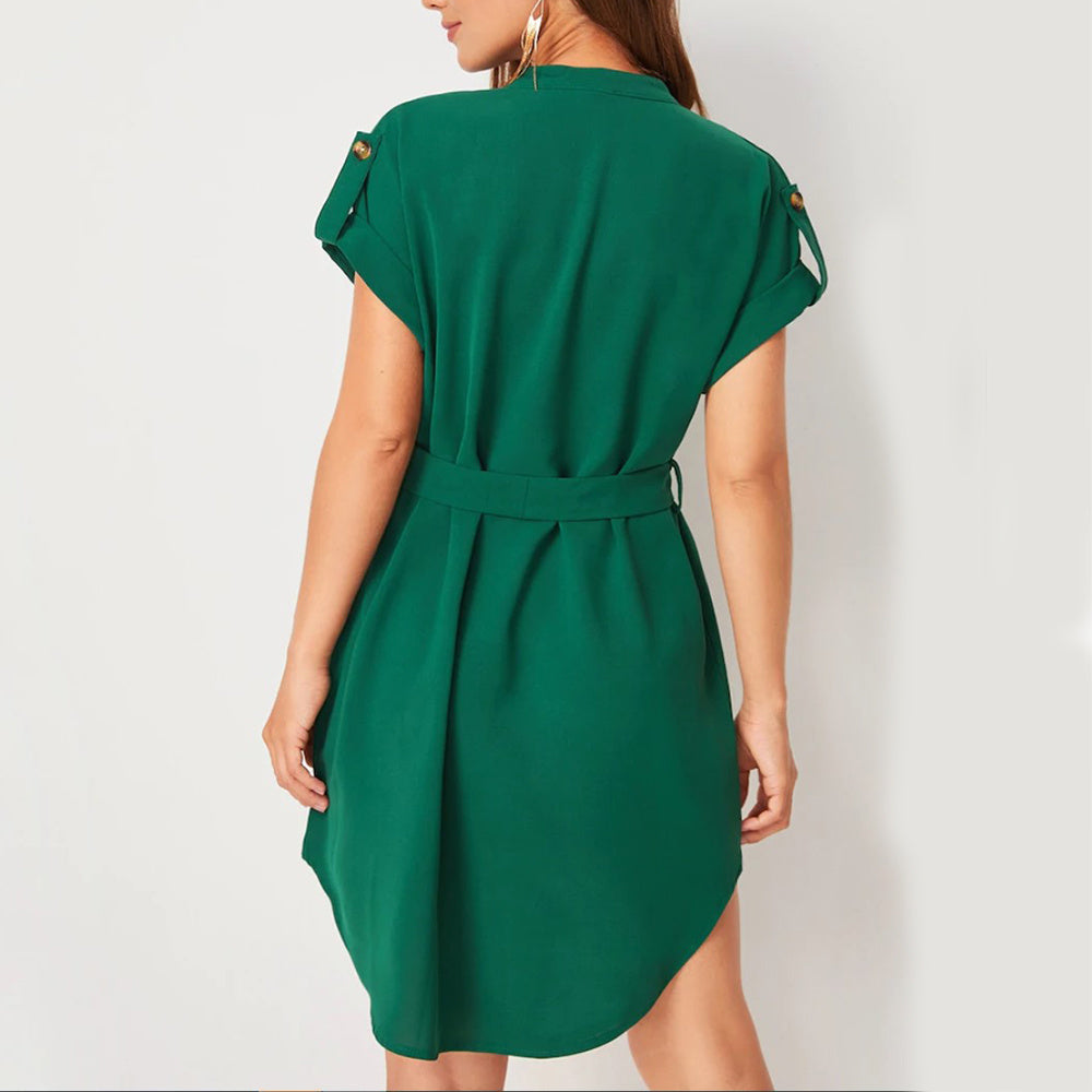 V-neck Short Sleeve Dress With Belt Summer Fashion Bowknot Dresses For Women Clothing - kinko