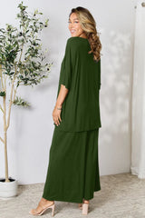 Double Take Full Size Round Neck Slit Top and Pants Set - kinko