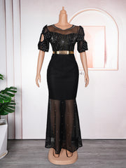 Women's Heavy Embroidered Hot Diamond Beads Night Banquet Light Luxury Evening Dress Fishtail Skirt - kinko