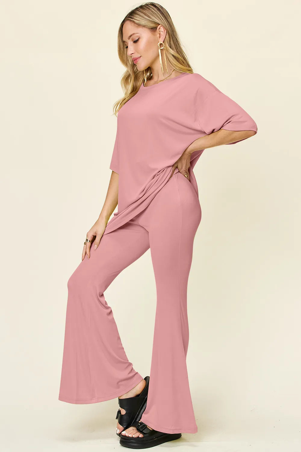 Double Take Full Size Round Neck Drop Shoulder T-Shirt and Flare Pants Set - kinko