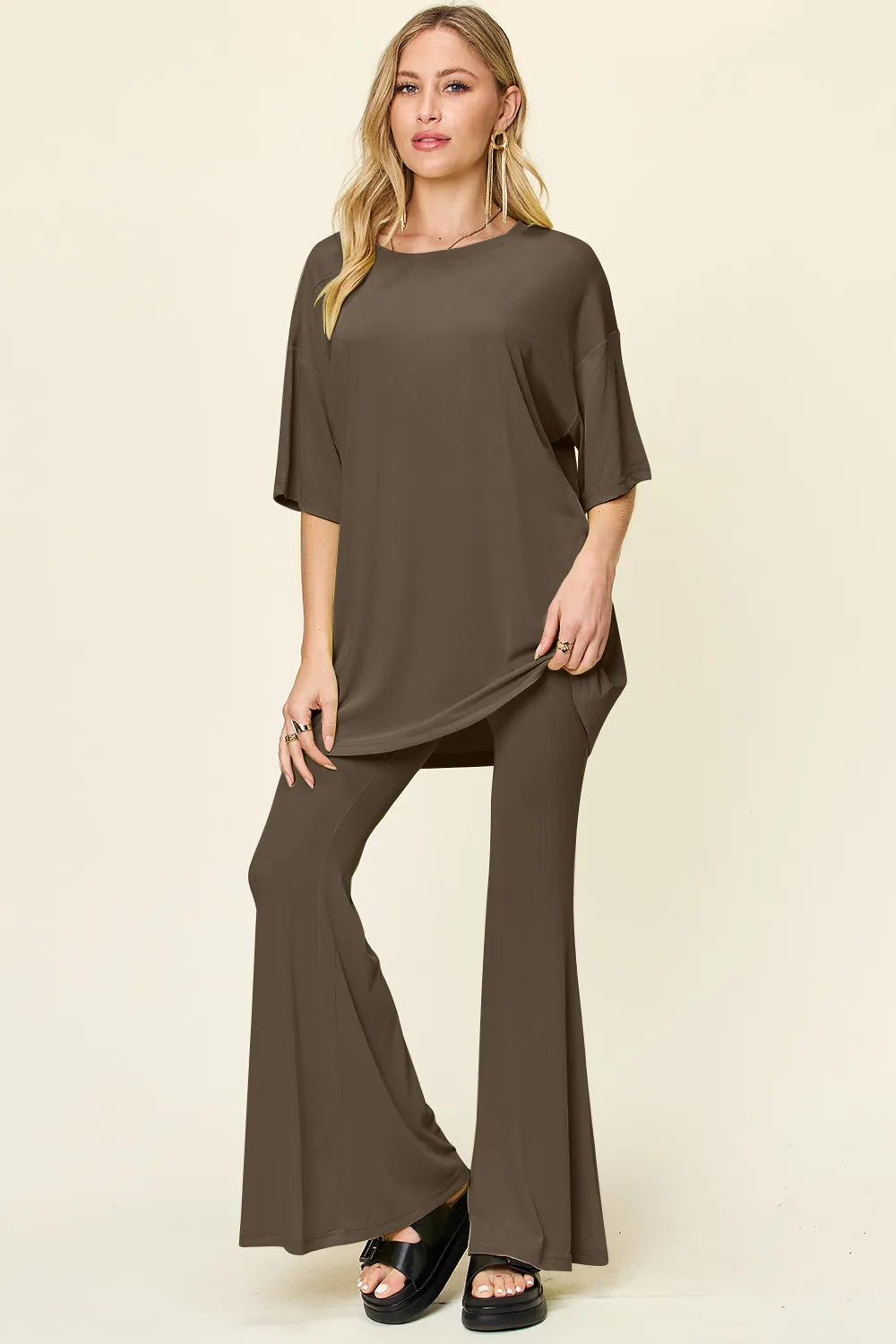 Double Take Full Size Round Neck Drop Shoulder T-Shirt and Flare Pants Set - kinko