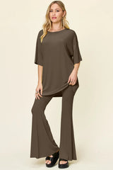 Double Take Full Size Round Neck Drop Shoulder T-Shirt and Flare Pants Set - kinko