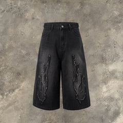Cropped Patch Flame Embroidery Casual Men's Shorts - kinko