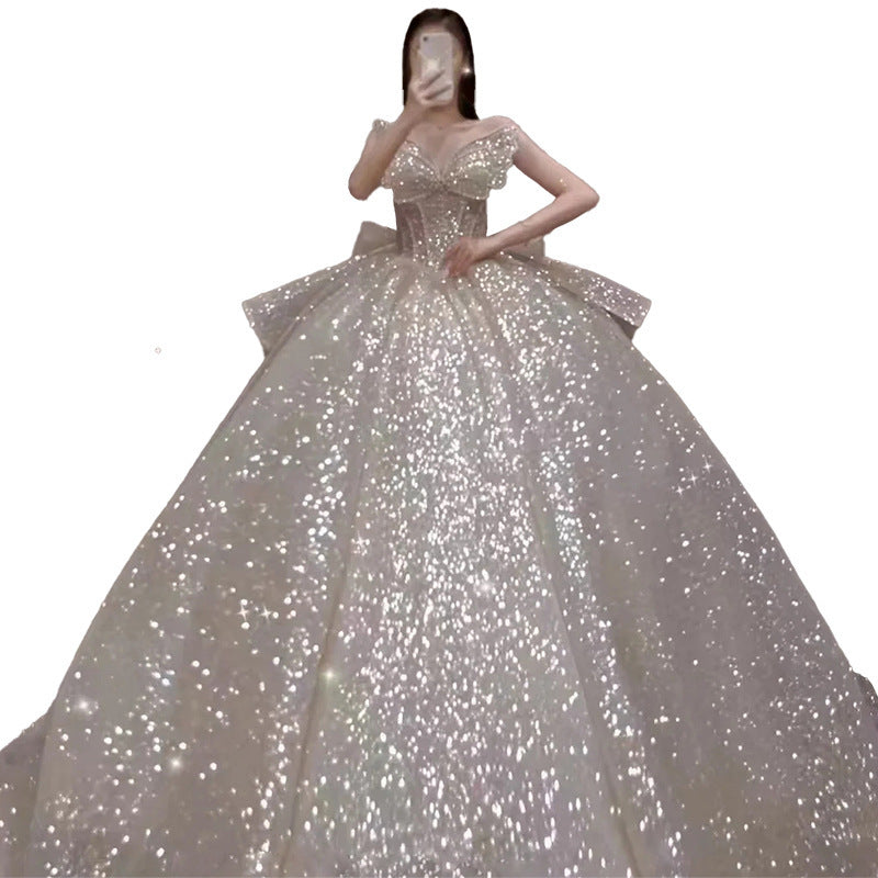 One-shoulder High-quality Long Trailing Heavy Industry Retro Wedding Dress - kinko