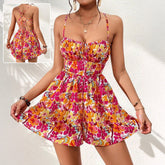 Women's Floral Print Dress Summer Lace-up Back Seaside Holiday Short Dresses - kinko