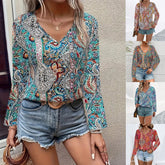 Printed V-neck Long Sleeve Shirt Women's Clothing - kinko