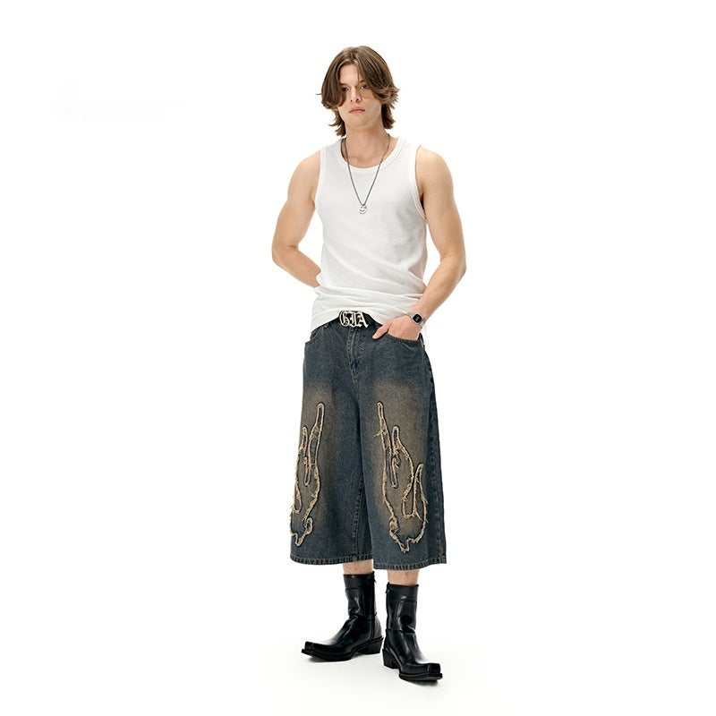 Cropped Patch Flame Embroidery Casual Men's Shorts - kinko