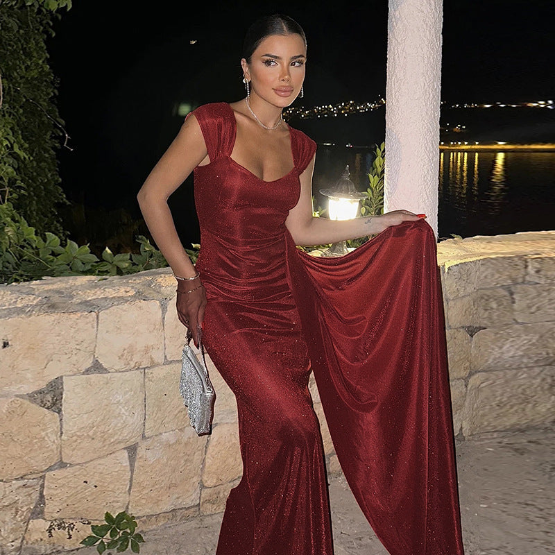 Slim Fit Thin And Glittering Vest Long Dress - kinko