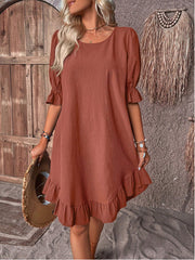 Fashion Ruffle Short-sleeved Dress Summer Solid Color Round Neck Loose Straight Dresses Womens Clothing - kinko