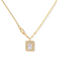 Gold-plated jewelry set with rectangular cubic zirconia stones in pave halo settings on cream background