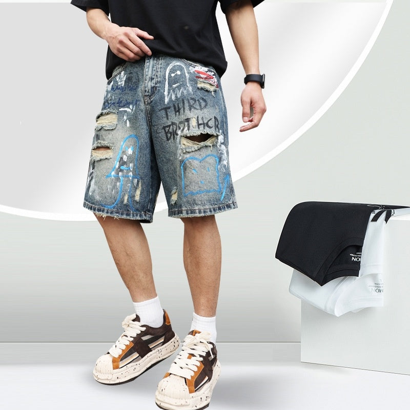 All-match Ripped Men's Jeans Shorts Trend Graffiti - kinko