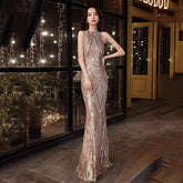 Beaded Sequined Banquet Long Halter Set Diamond Queen Fishtail Evening Gown - kinko