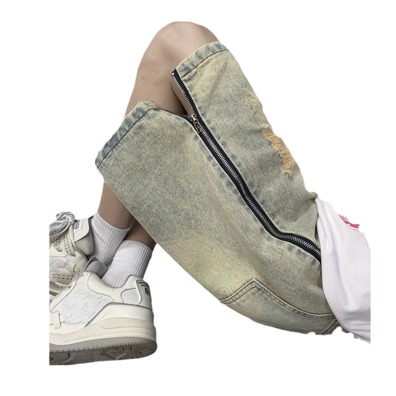 Retro Yellow Mud Ripped Denim Shorts Men's Loose Five Points - kinko