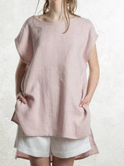 Round Neck Front Short Back Long Short Sleeve Top For Women - kinko