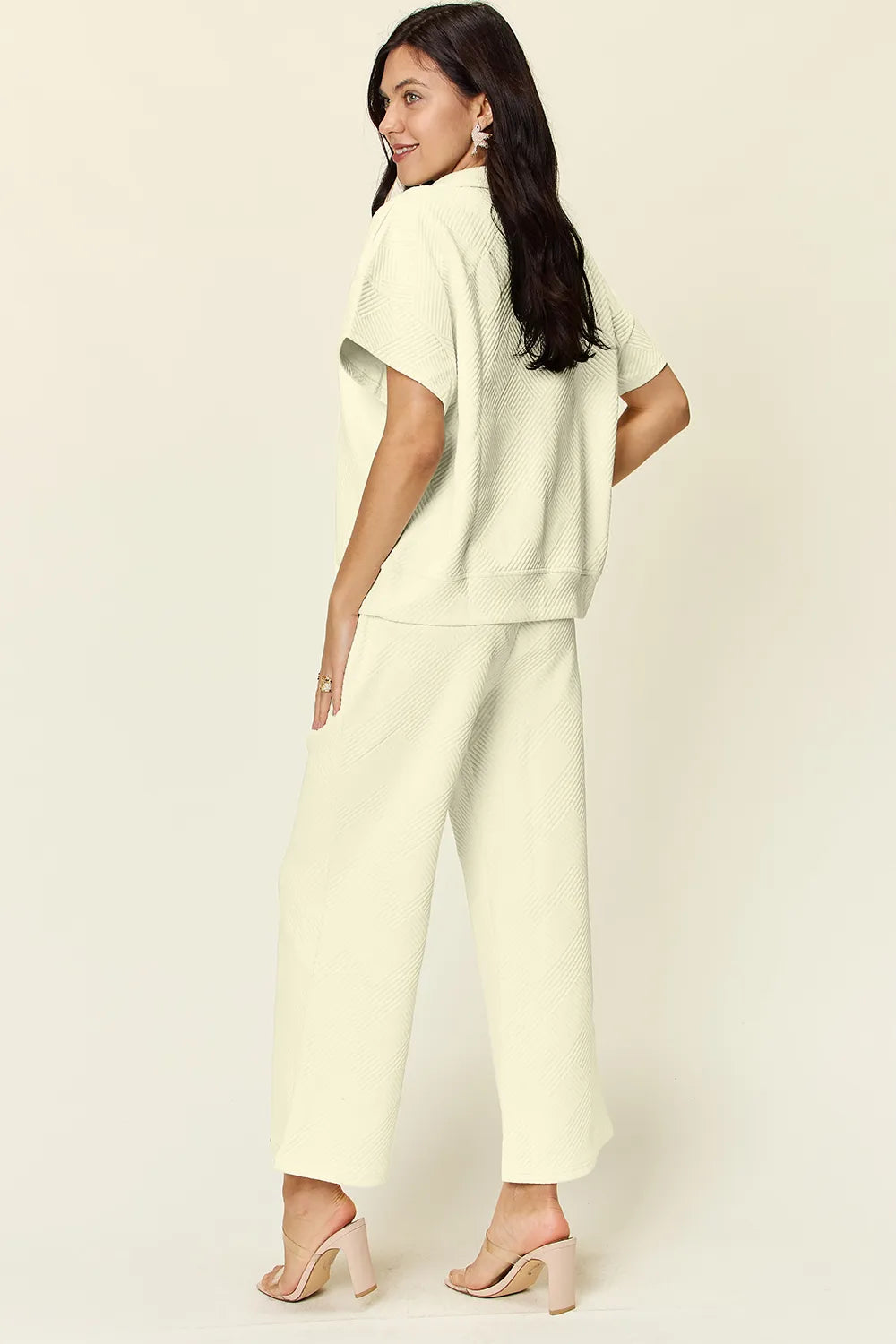 Double Take Full Size Texture Half Zip Short Sleeve Top and Pants Set - kinko