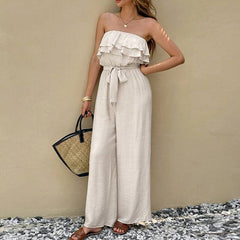 Women's Summer Sleeveless Tube Top Jumpsuit Ruffled Tied Jumpsuit - kinko