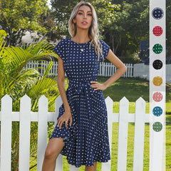 Summer Women Polka Dot Short Sleeve Dress Casual Bandage Party Pleated Midi Dresses Elegant Green Office Lady Clothing - kinko