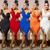 V-neck Sleeveless Chest Feather Irregular Midi Dress - kinko