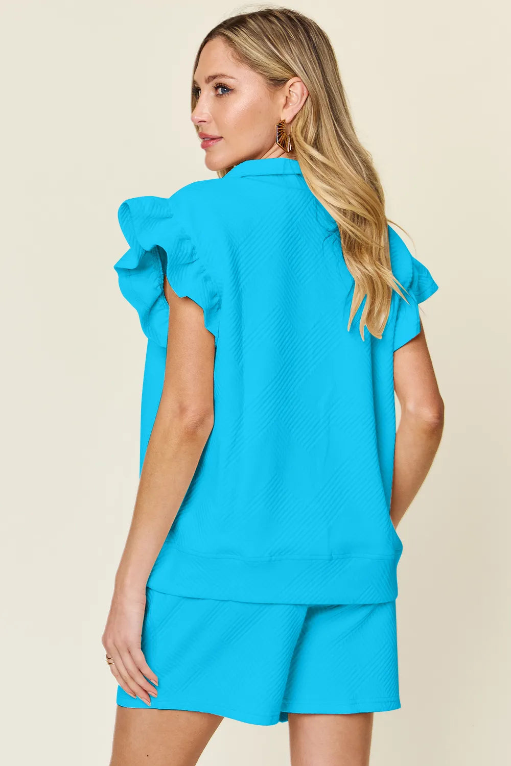 Double Take Full Size Texture Flounce Sleeve Top and Drawstring Shorts Set - kinko
