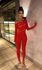 One-piece Long Sleeves Hot Rhinestone Shiny Fishnet Clothes Sexy Lingerie - kinko