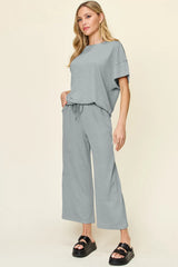 Double Take Full Size Texture Round Neck Short Sleeve T-Shirt and Wide Leg Pants - kinko