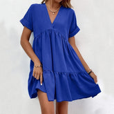 New Short-sleeved V-neck Dress Summer Casual Sweet Ruffled Dresses Solid Color Holiday Beach Dress For Womens Clothing - kinko