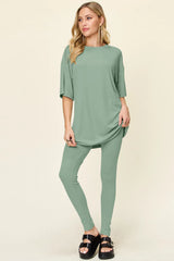 Double Take Full Size Round Neck Dropped Shoulder T-Shirt and Leggings Set - kinko