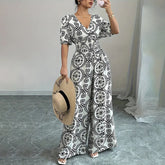 Womens Jumpsuits Short Sleeve V Neck Smocked Dressy Casual Wide Leg Pants Romper 2025 Summer One Piece Outfits - kinko