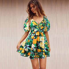 Flowers Print V-Neck Lantern-sleeve Dress Y2K Summer Vacation Beach Short Dresses Fashion Womens Clothing - kinko