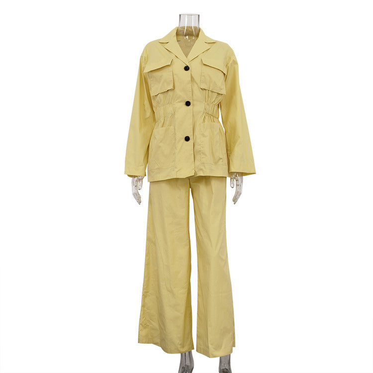 Lapel Long Sleeve Waist-controlled Top Wide Leg Pants Two-piece Set - kinko