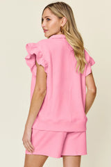 Double Take Full Size Texture Flounce Sleeve Top and Drawstring Shorts Set - kinko
