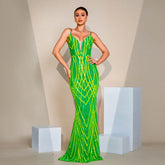 V-neck Strap Sequined Fishtail Evening Dress - kinko