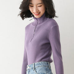 High Neck Zipper Knit Bottoming Shirt Women Fall And Winter Wear Slim Pullover Sweater