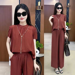 Loose Temperament Short-sleeved Wide-leg Pants Two-piece Set - kinko