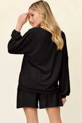 Double Take Full Size Texture V-Neck Long Sleeve T-Shirt and Shorts Set - kinko