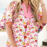 White Floral Split V Neck Wide Short Sleeve Plus Size Blouse Top - kinko