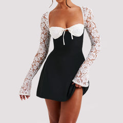 Y2K Lace Long Sleeve Dress Fashion Sexy Corset Backless Lace Up Short Dresses Womens Clothing - kinko