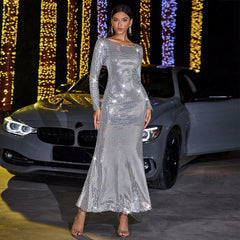 Sexy Slim Long Sleeve Backless Party Sequined Evening Dress - kinko