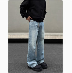 Men's Retro Whisker Washed Blue Straight Jeans - kinko