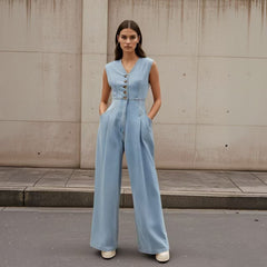 V-neck Double-breasted Sleeveless Wide Leg Overall Jeans - kinko