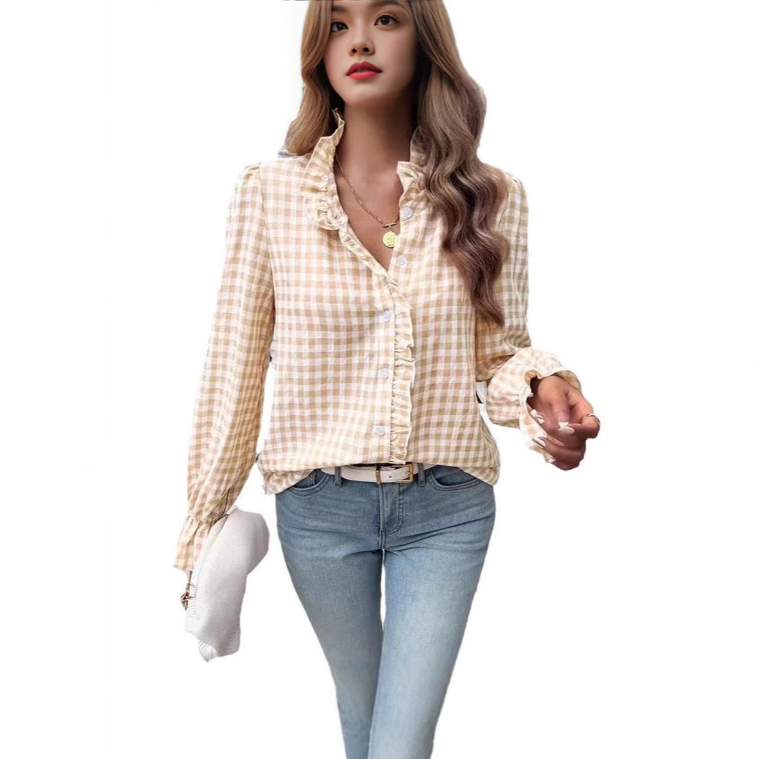 Women's French-style Plaid Shirt With Wooden Ears - kinko